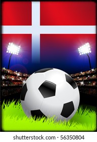 Bandera de Dinamarca y bola en el fondo del estadio Ilustración original