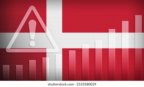 Denmark flag with burlap texture, warning sign, and rising bar chart symbolizing increasing risk or growth challenges in the country. Ideal for data presentations.