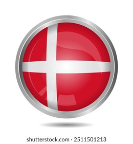 Denmark Flag Button Isolated on White, 3D Illustration of the Denmark flag Symbol, Circular Icon with Highlight Overlay, Editable and scalable vector EPS