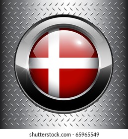 Denmark flag button on metal background, vector.