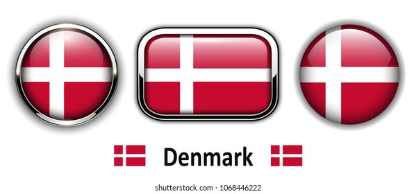 Denmark flag buttons, 3d shiny vector icons.