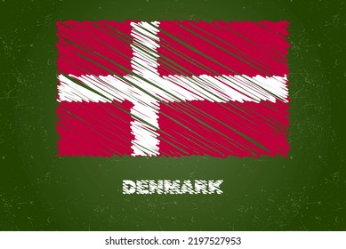 Denmark flag with chalk effect on green chalkboard, hand drawing country flag concept, green blackboard with Denmark flag, chalk texture, flag for kids, classroom material