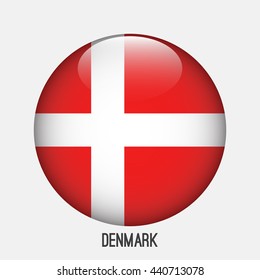 Denmark flag in circle shape. Transparent,glossy,glass button