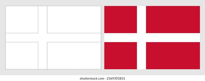 Denmark flag - coloring page. Set of white wireframe thin black outline flag and original colored flag.