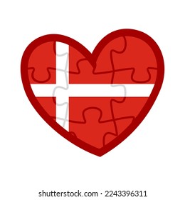 Denmark flag colors - icon. Colored puzzle pieces of the Danish flag. Symbol of love. Heart isolated on white background - logo. Vector graphic emblem.