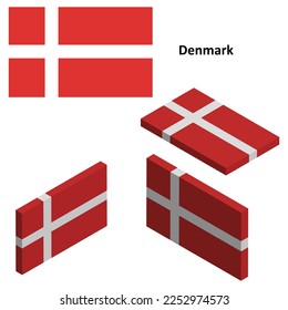 Denmark flag, Country flag, vector set of isometric flat icons, 3D style, different views. Design elements for banners, websites, presentations, infographics, map