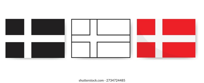 O design da bandeira da Dinamarca é definido em silhueta minimalista, arte de linha e cores oficiais vermelho e branco. Elementos vetoriais essenciais para temas nórdicos, viagens e marcas dinamarquesas.