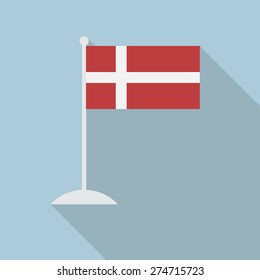 Denmark flag with flagpole flat icon with long shadow. Vector illustration EPS10