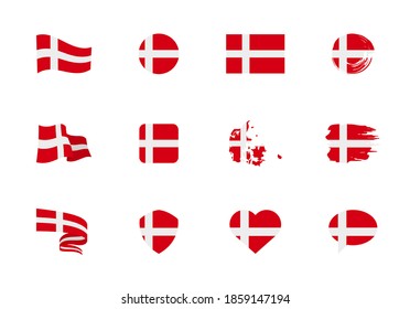 Denmark flag - flat collection. Flags of different shaped twelve flat icons. Vector illustration set