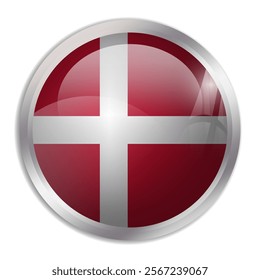 Denmark flag - glossy circle button displays a colorful flag representing a country cultural identity and heritage. The essence of national pride and unity.