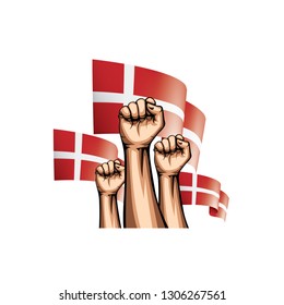 Denmark flag and hand on white background. Vector illustration