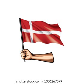 Denmark flag and hand on white background. Vector illustration