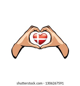 Denmark flag and hand on white background. Vector illustration
