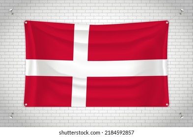 Denmark flag hanging on brick wall. 3D drawing. Flag attached to the wall. Neatly drawing in groups on separate layers for easy editing.