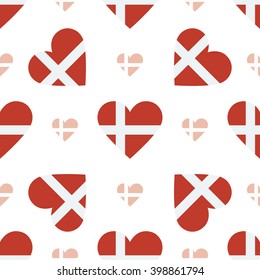 Denmark flag heart seamless pattern. Patriotic Denmark flag background. Country flag in the shape of heart. Vector seamless pattern.