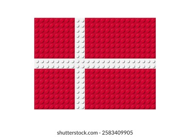 Denmark flag icon. Danish flag composed of many plastic brick toy blocks. Building bricks pattern. Abstract vector illustration. Isolated on a white background