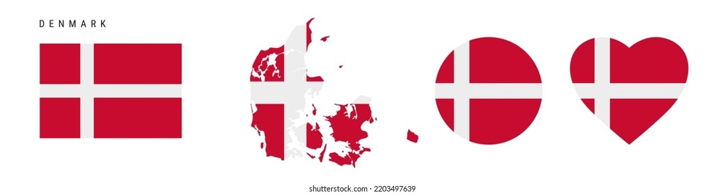 Denmark flag icon set. Danish pennant in official colors and proportions. Rectangular, map-shaped, circle and heart-shaped. Flat vector illustration isolated on white.