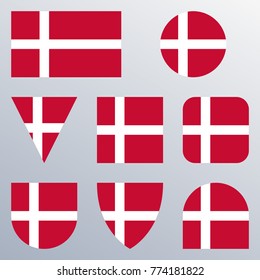 Denmark flag icon set. Danish flag button or badge in different shapes. Vector illustration.