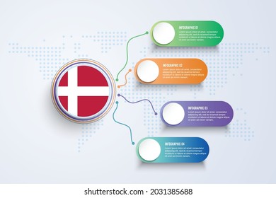 Denmark Flag with Infographic Design isolated on Dot World map. Vector illustration.