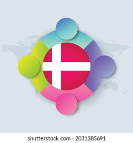Bandera de Dinamarca con diseño infográfico aislado en el mapa mundial. Ilustración vectorial.