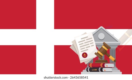Bandeira da Dinamarca com conceito de juiz martelo, corrupção ou injustiça, indignação pública na Dinamarca, ideia de decisão internacional, lei ou resultado legal, julgamento do tribunal civil, faixa de notícias