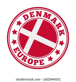 Denmark flag logo with 'Denmark' and 'Europe' text. Vector illustration.