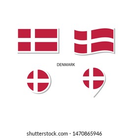 Denmark flag logo icon set, rectangle flat icons, circular shape, marker with flags.
