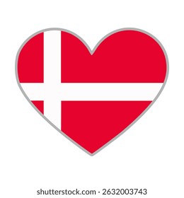 Bandeira da Dinamarca. Bandeira do amor da Dinamarca. Bandeira da Dinamarca em forma de coração. Símbolo de amor. Ilustração vetorial