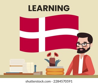 Denmark flag with a male teacher, learning or teaching Denmark language, bearded man with glasses and country flag vector design, language school concept