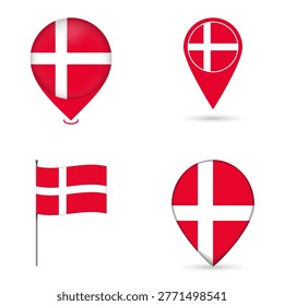 Denmark Flag Map Pin Icons Set Collection.