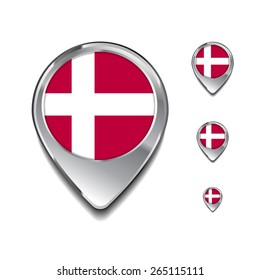 Denmark flag map pointer. 3d Map Pointer with flag glossy button style on gray background