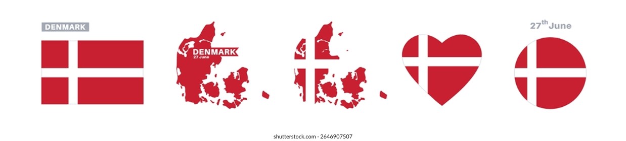 bandeira da dinamarca e conjunto de mapas. bandeira da dinamarca em cores e proporções oficiais. dia da independência 27 de junho, mapa, círculo e coração em forma de dinamarca