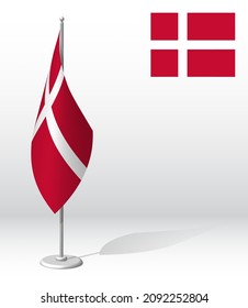 DENMARK flag on flagpole for registration of solemn event, meeting foreign guests. National independence day of DENMARK. Realistic 3D vector on white