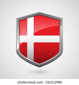 Denmark Flag on a Grey Shiny Shield, Vector Illustration isolate on Grey Background