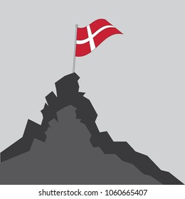Denmark flag on the mountain peak. Business concept, goal achievement, success, winning. Flat style,flag of Denmark, vector illustration.EPS10.