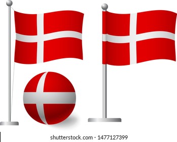 Denmark flag on pole and ball. Metal flagpole. National flag of Denmark vector illustration