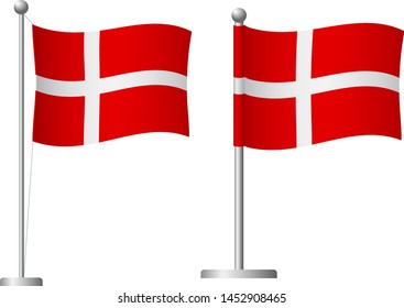 Denmark flag on pole. Metal flagpole. National flag of Denmark vector illustration