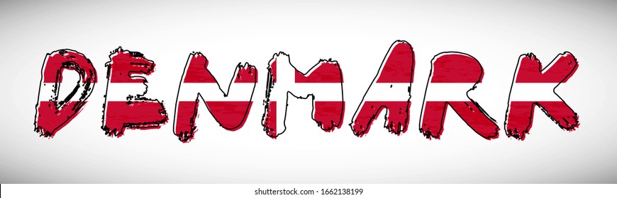 Marca de Dinamarca en la tipografía de texto. Banner de nombre de país. Fondo tipográfico clásico.