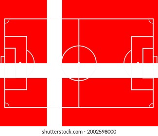 Denmark flag over football soccer field vector illustration. Coach table for tactic presentation for players. Sport strategy view. Denmark fan supporters national symbol.