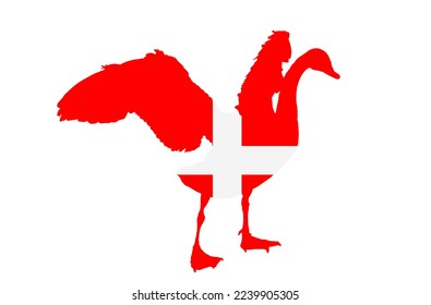 Denmark flag over swan bird national animal vector silhouette illustration isolated. Souvenir Denmark symbol. European emblem patriotic banner. Europe territory. Scandinavian state travel invite.