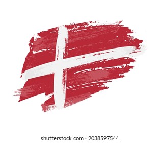 Denmark flag from paint brush stroke vector illustration. Brushstroke Scandinavian nation sticker in grunge style, red national danish flag, Denmark kingdom abstract art symbol isolated on white