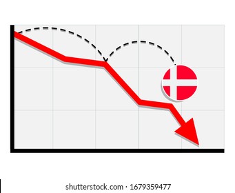 Denmark flag with red arrow graph going down showing economy recession and shares fall. Crisis, Denmark economy concept. For topics like global economy, Denmark economy, banking, finance