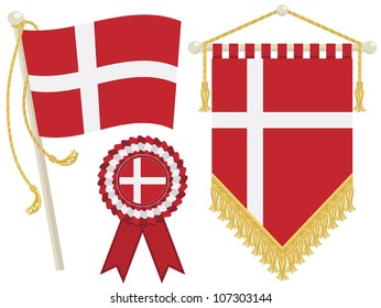 denmark flag, rosette and pennant, isolated on white