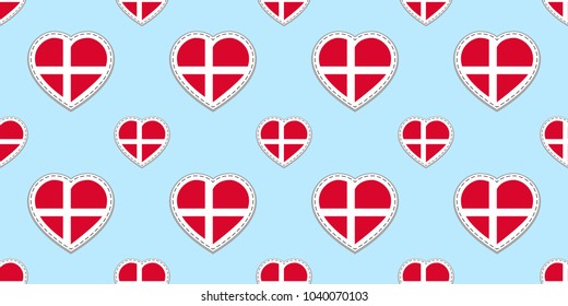 Denmark flag seamless pattern. Vector Danish flags stickers. Love hearts symbols. Good choice for patriotic, sport pages, travel, geographic, cartographic elements. Traditional color. Repeated texture