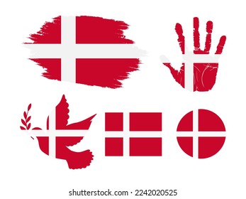 Bandera de Dinamarca, bandera de la colección de Dinamarca. Bandera en forma de grunge, Dove, Handprint, cuadrado y redondo. ilustración vectorial