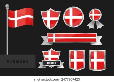Denmark flag set. Collection of Denmark national emblems. Flat design of flags collection.