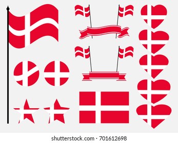 Denmark flag set. Collection of symbols, flag in heart. Vector illustration