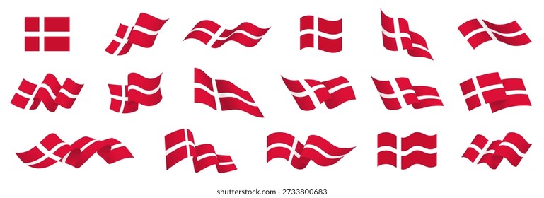 Denmark flag set, Danish flag icon symbol, 3D waving flag