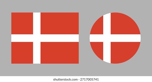 Denmark flag. Set of Danish flag with Nordic Cross in circle, rectangle. National Denmark round, rectangular flags.