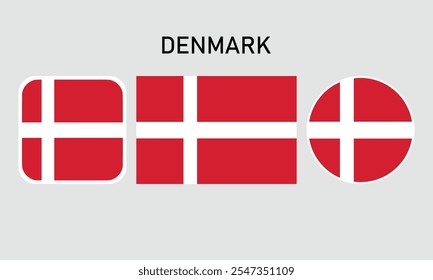 denmark flag set of icons. A set of flags in square, rectangular and round shapes. Flag icon. Standard colors. Vector illustration.